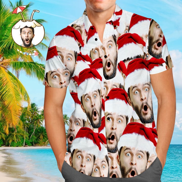 Custom Face Shirt Personalized Photo Mens Hawaiian Shirt Christmas Gift - Santa Face Mash - 1