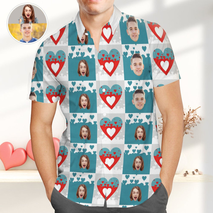Custom Couple Face Hawaiian Shirts Personalized Plaid Print Shirts Best Valentines Gift - 1
