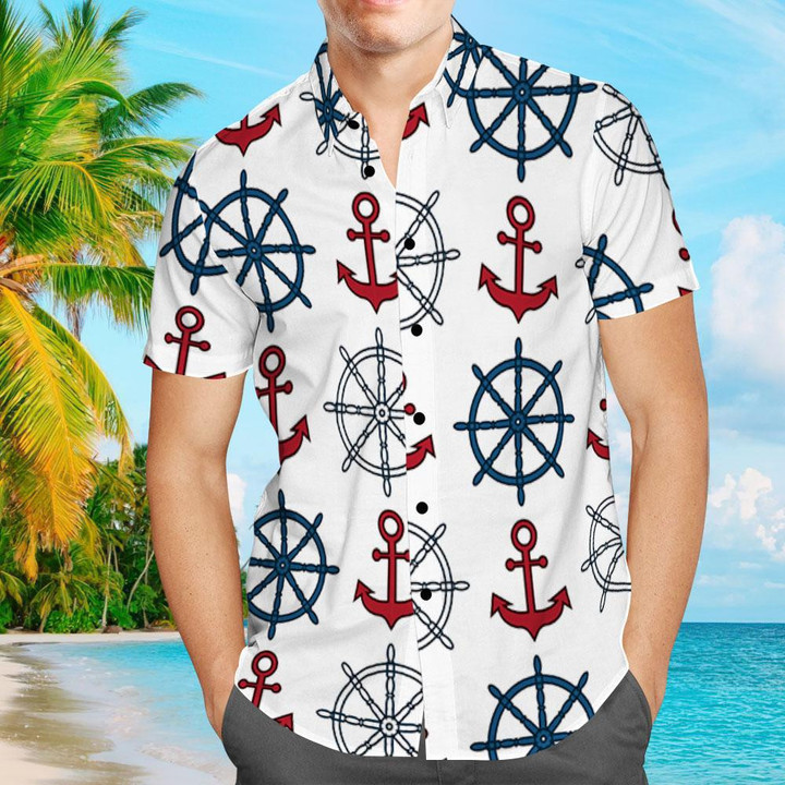 Hawaiian Shirt Regular Fit Short Sleeve Casual Hawaiian Shirt for Men - Red Anchors And Blue Handlebars - 1