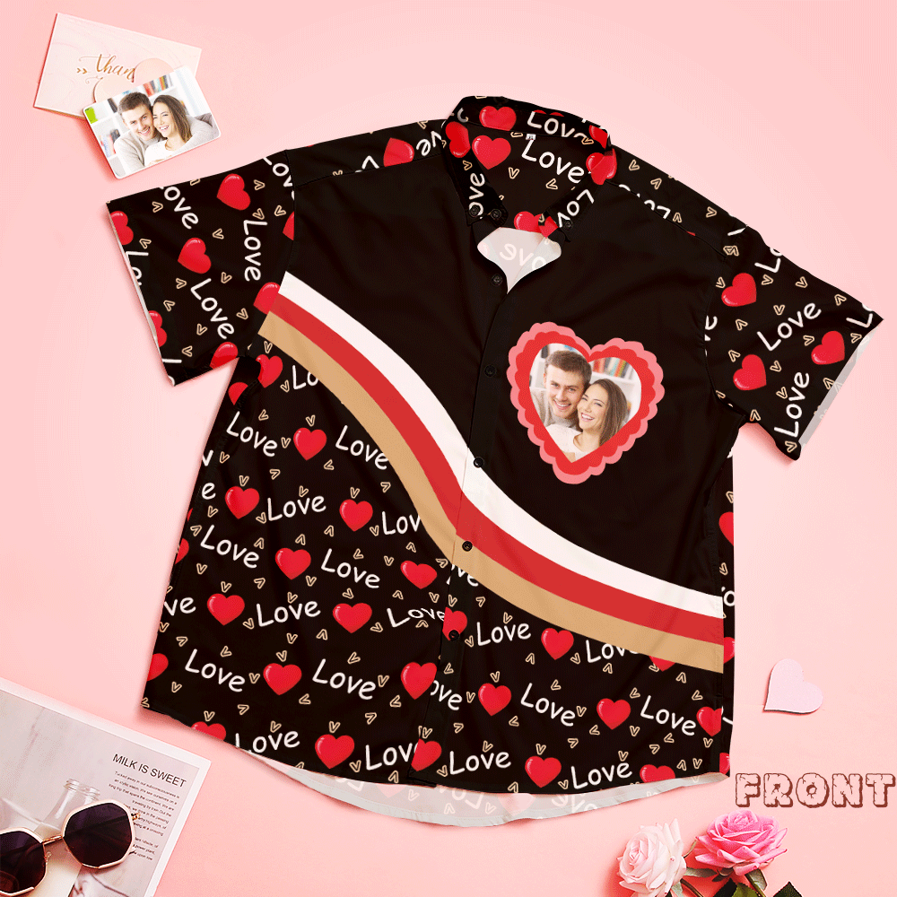 Custom Face Shirt Personalized Photo Black Hawaiian Shirt Valentines Day Gift - Love - 1