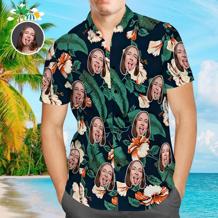 Custom Face Shirt Personalized Photo Mens Hawaiian Shirt Orange Flowers Design Aloha Beach Shirt - 1