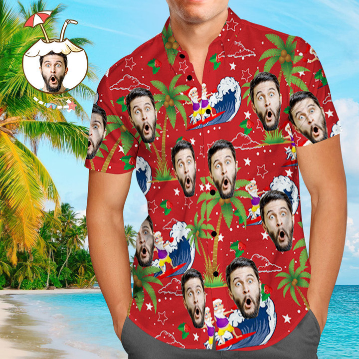 Custom Face Shirt Personalized Photo Mens Hawaiian Shirt Christmas Gift - Surfing Santa - 1