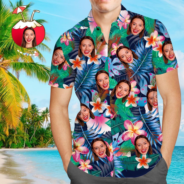 Custom Face Shirt Mens Hawaiian Shirt with Text Personalized Photo Colorful Flowers Tshirts - 1