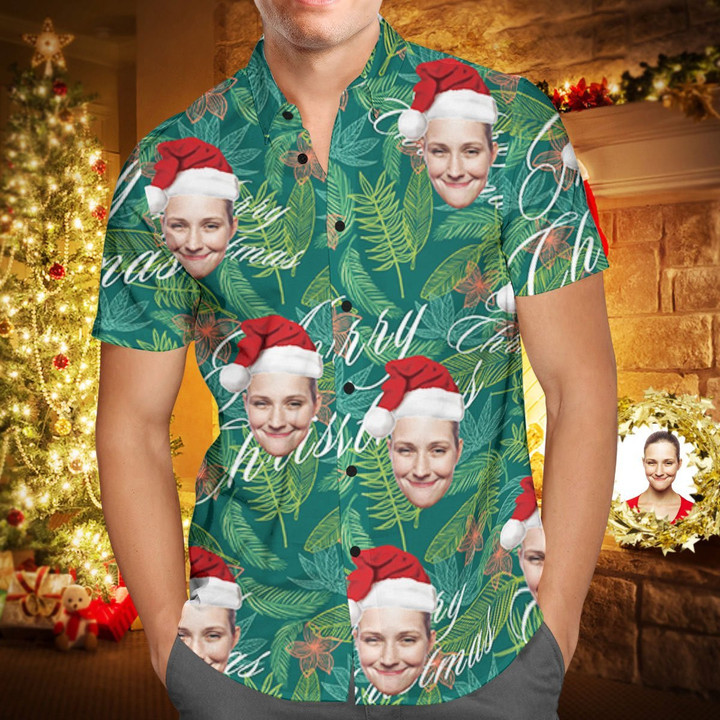 Custom Face Personalized Merry Christmas Hawaiian Shirt All Over Print Leaves - 1