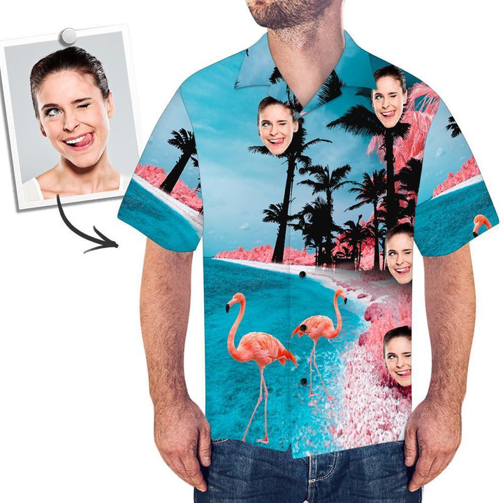 Custom Face Shirt Mens Hawaiian Shirt Sea Flamingo - 1