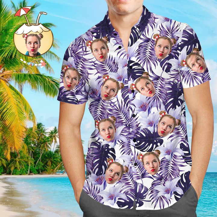 Custom Face Shirt Mens Hawaiian Shirt Purple Flowers - White - 1