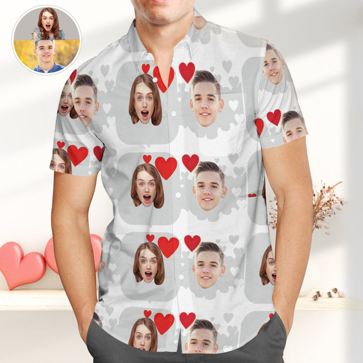 Personalized Photo Hawaiian Shirts with Heart Casual Button-Down Shirts Great Valentines Gift - 1