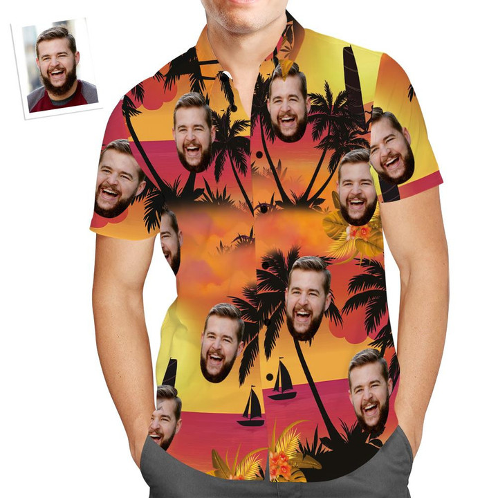 Custom Face Hawaiian Shirt Sunset Coconut Tree Beach Shirt Gift for Men - 1