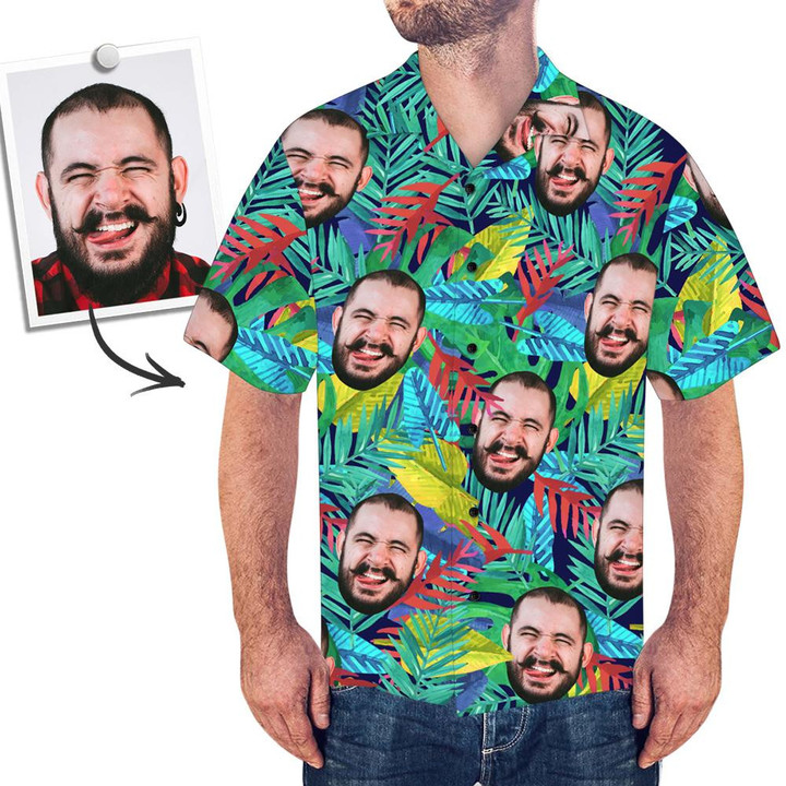 Custom Face Shirt Mens Hawaiian Shirt Multicolor Leaves - 1