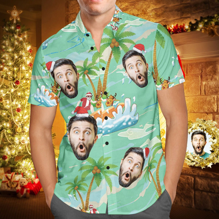 Custom Face Personalized Christmas Hawaiian Shirt Santa Claus Seaside Surf Holiday Gift - 1
