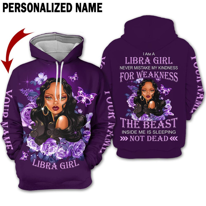 Personalized Name Horoscope Libra Shirt Girl Purple Black Women Flower Zodiac Signs Clothes