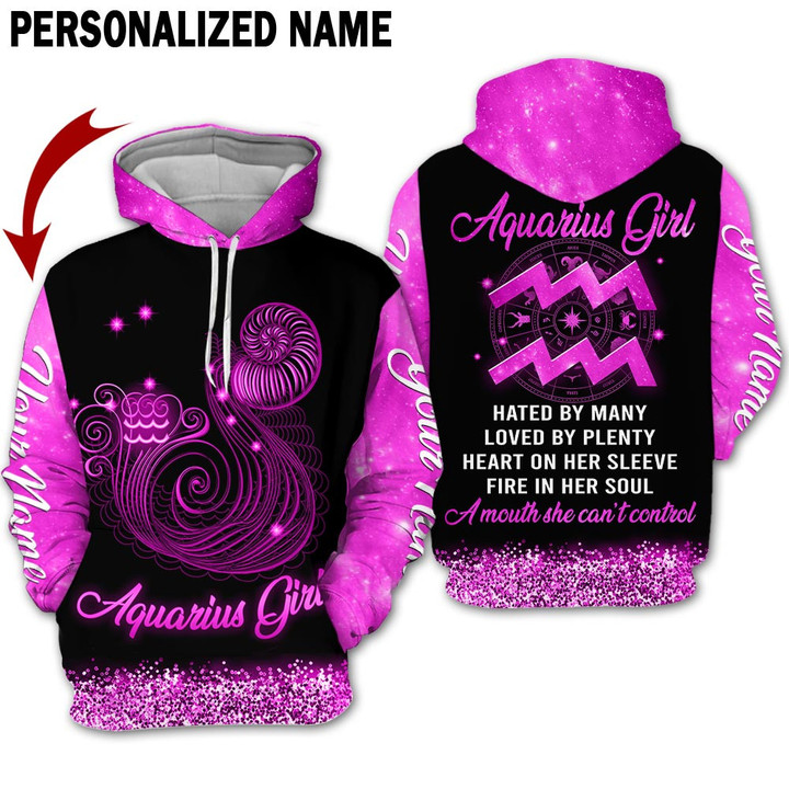 Personalized Name Horoscope Aquarius Shirt Girl Pink Galaxy Style Zodiac Signs Clothes