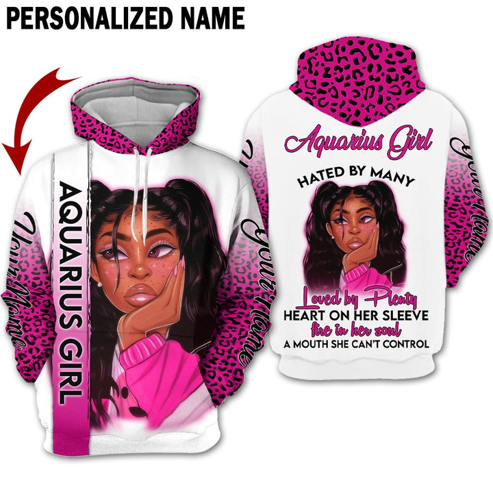 Personalized Name Horoscope Aquarius Shirt Girl Leopard Pink Black Women Zodiac Signs Clothes