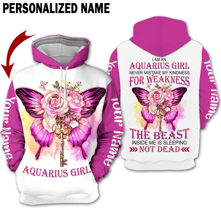 Personalized Name Horoscope Aquarius Shirt Girl Flower Bufterfly Pink Zodiac Signs Clothes