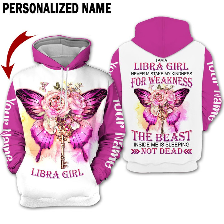 Personalized Name Horoscope Libra Shirt Girl Flower Bufterfly Pink Zodiac Signs Clothes