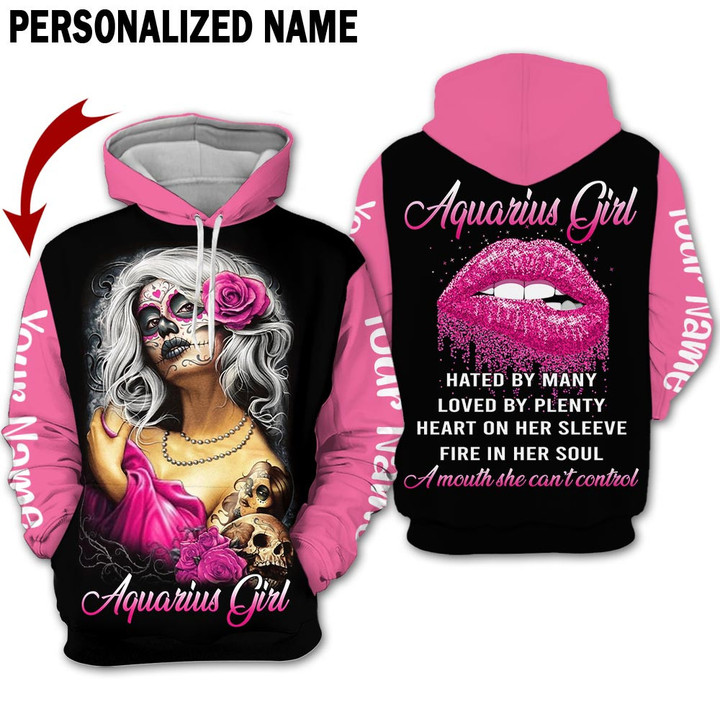 Personalized Name Horoscope Aquarius Shirt Girl Sugar Skull Flower Zodiac Signs Clothes