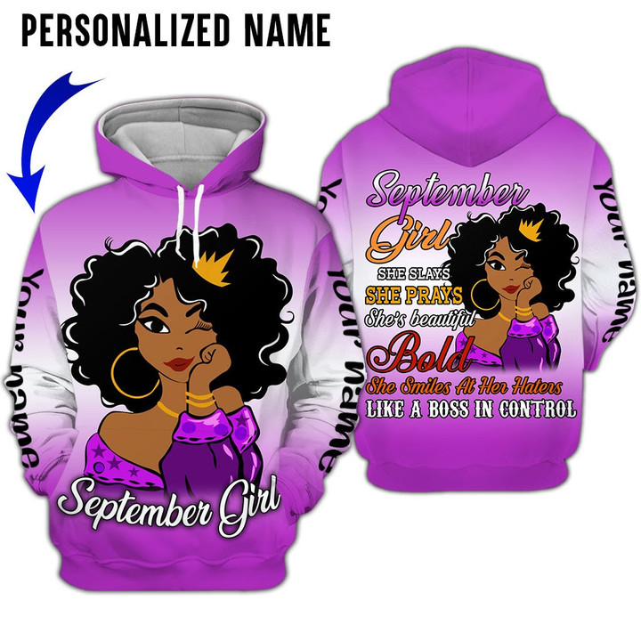 Personalized Name Birthday Outfit September Girl 3D Purple Color Black Women All Over Printed Birthday Shirt