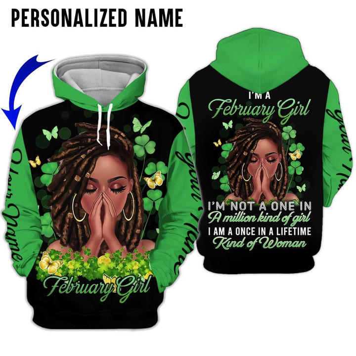 Personalized Name Birthday Outfit February Girl 3D Leaves Green Black Women All Over Printed Birthday Shirt
