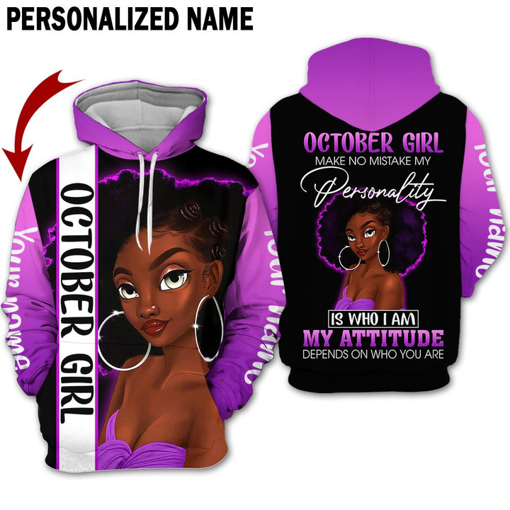 Personalized Name Birthday Outfit October Girl 3D Mistake Purple Black Women All Over Printed Birthday Shirt