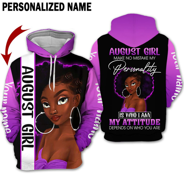 Personalized Name Birthday Outfit August Girl 3D Mistake Purple Black Women All Over Printed Birthday Shirt