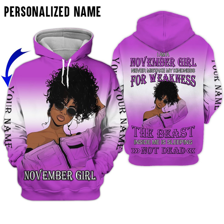 Personalized Name Birthday Outfit November Girl 3D Not Dead Purple Black Women All Over Printed Birthday Shirt