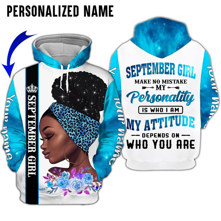 Personalized Name Birthday Outfit September Girl 3D Who You Are Black Women All Over Printed Birthday Shirt