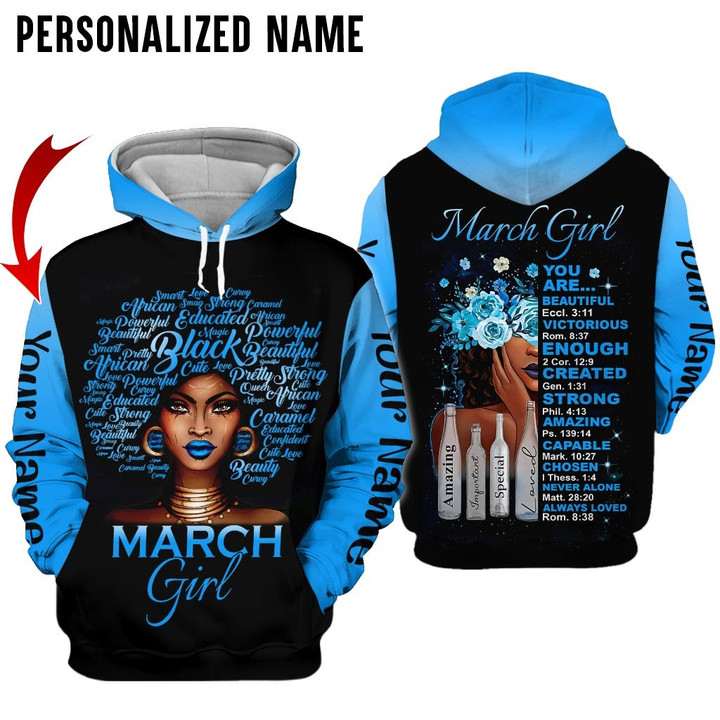 Personalized Name Birthday Outfit March Girl 3D Amzing Blue Black Women All Over Printed Birthday Shirt
