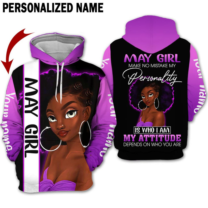 Personalized Name Birthday Outfit May Girl 3D Mistake Purple Black Women All Over Printed Birthday Shirt