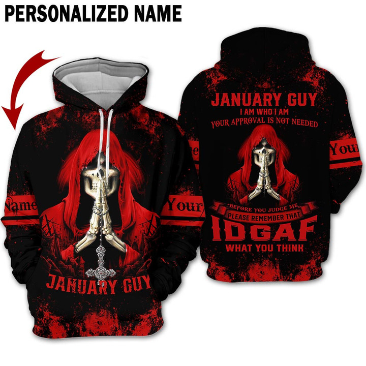 Personalized Name Birthday Outfit January Guy 3D All Over Printed Birthday Shirt Skull Red