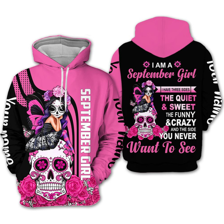 Personalized Name Birthday Outfit September Girl Sugar Skull Pink Love Style Birthday Shirt For Women