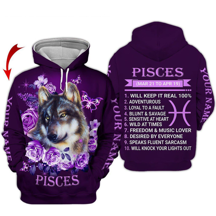 Personalized Name Horoscope Pisces Girl Shirt Wolf Purple Flower Zodiac Signs Clothes Birthday Gift For Women