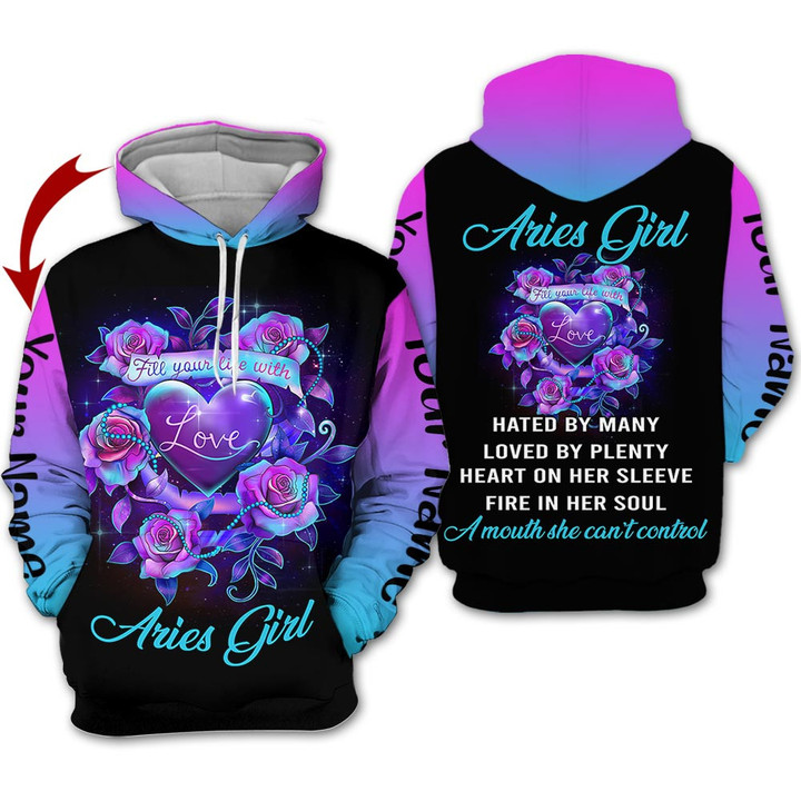 Personalized Name Horoscope Aries Girl Shirt Flower Light Love Style Zodiac Signs Clothes Birthday Gift For Women