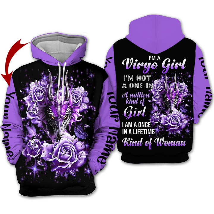 Personalized Name Horoscope Virgo Girl Shirt Dragon Purple Flower Zodiac Signs Clothes Birthday Gift For Women