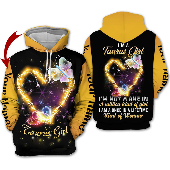Personalized Name Horoscope Taurus Girl Shirt Bufterfly Yellow Galaxy Zodiac Signs Clothes Birthday Gift For Women