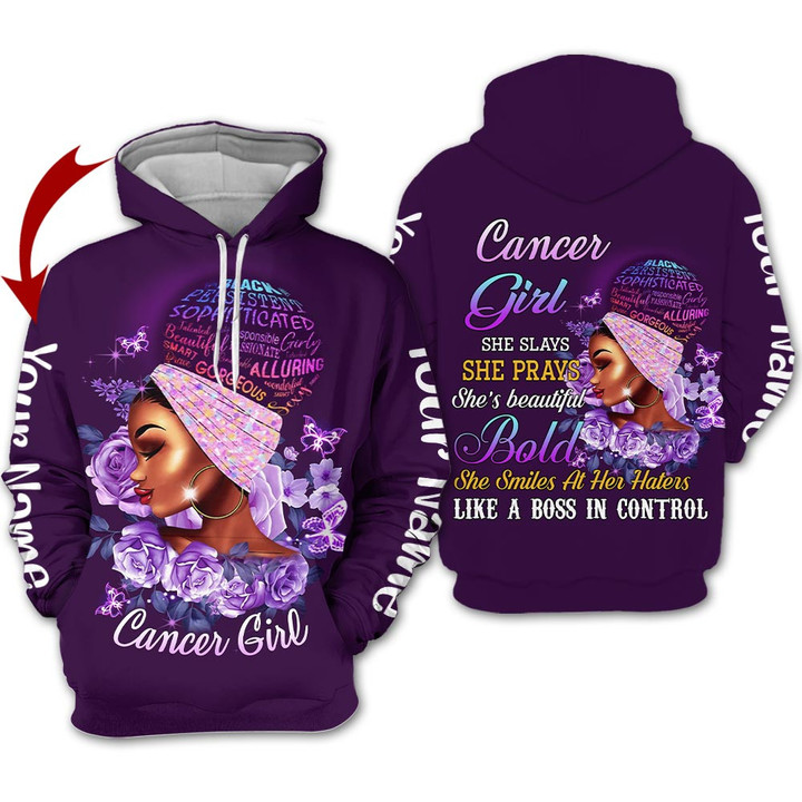 Personalized Name Horoscope Cancer Girl Shirt Color Flower Purple Black Woman Love Zodiac Signs Clothes Birthday Gift For Women