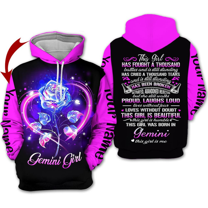 Personalized Name Horoscope Gemini Girl Shirt Flower Purple Light Galaxy Zodiac Signs Clothes Birthday Gift For Women