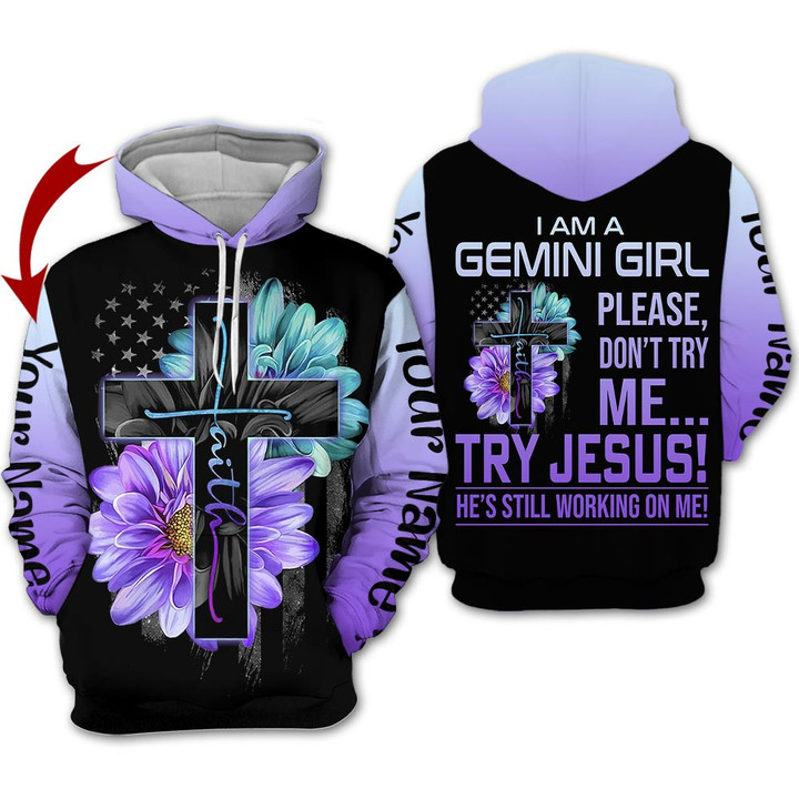 Personalized Name Horoscope Gemini Girl Shirt God Faith Purple Flower Zodiac Signs Clothes Birthday Gift For Women