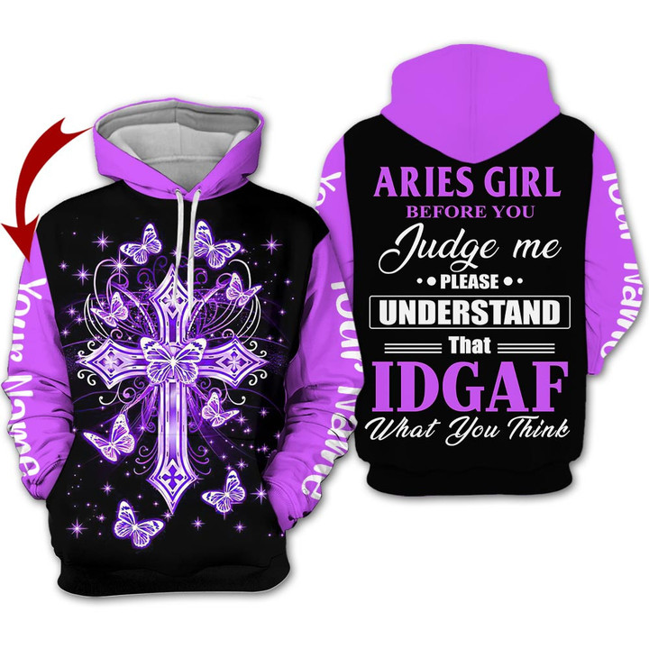 Personalized Name Horoscope Aries Girl Shirt Cross Purple IDGAF Zodiac Signs Clothes Birthday Gift For Women