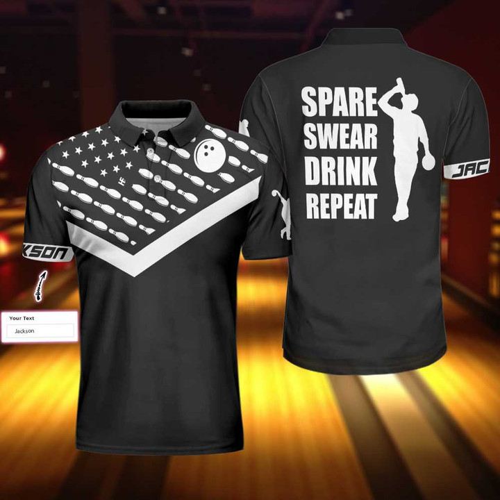 Bowling Spare Swear Drink Repeat US Flag 3D Polo Shirt - 2