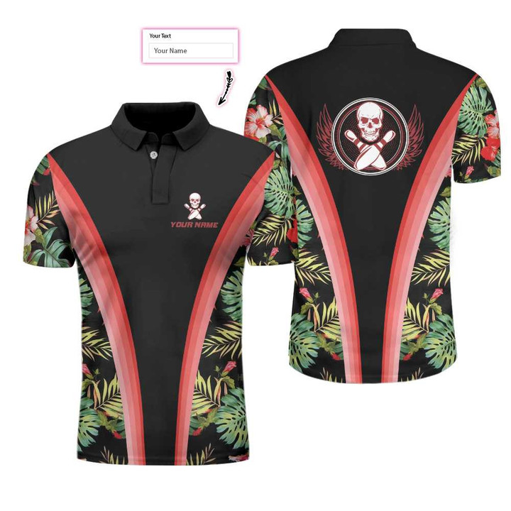 Personalized Name Bowling Skull Tropical Flower Pattern 3D Polo Shirt - 2