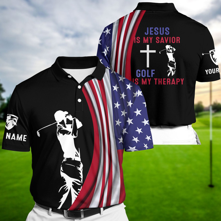 Golf Polo Shirt Premium American Flag Jesus Is My Savior Golf Is My Therapy Golf Polo Shirts Multicolored Personalized  Clevefit Golf Shirt Patriotic Golf Shirt For Men