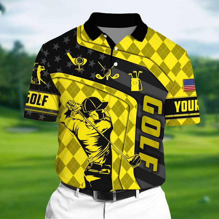 Golf Polo Shirt Unique Love Golf 3D Polo Argyle Pattern Multicolor Personalized Golf Shirt Patriotic Golf Shirt For Men