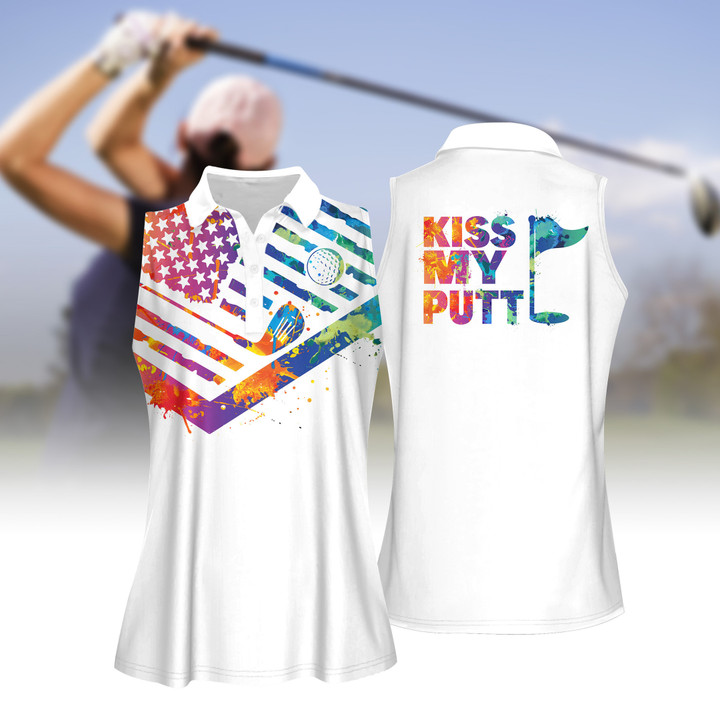 Kiss My Putt Watercolor Women Short Sleeve Polo Shirt Sleeveless Polo Shirt