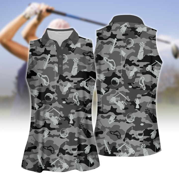 Grey Camouflage Golf Set Women Short Sleeve Polo Shirt Sleeveless Polo Shirt Sport Culottes With Pocket