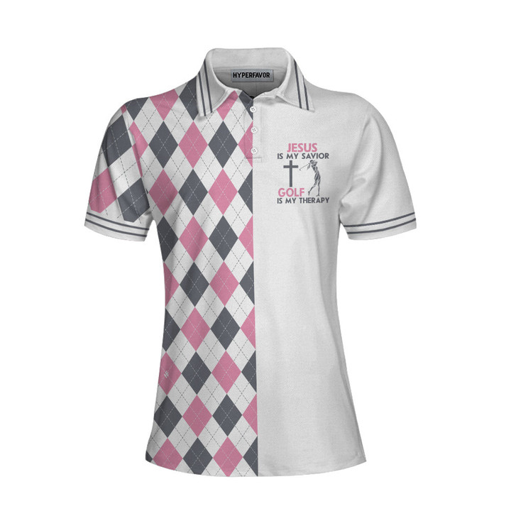 Jesus Is My Savior Golf Is My Therapy Short Sleeve Women Polo Shirt Argyle Pattern Golf Shirt For Ladies - 1