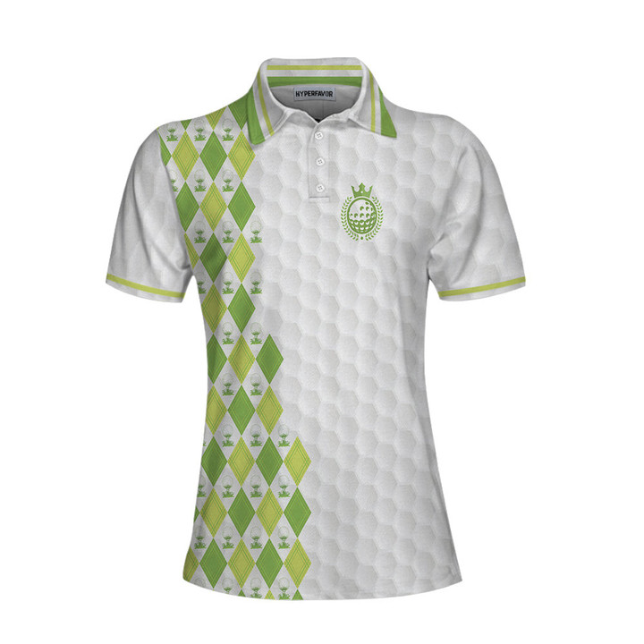 Queen Of The Green Argyle Pattern With Golf Ball On Tee Short Sleeve Women Polo Shirt White And Green Golf Shirt For Ladies - 1