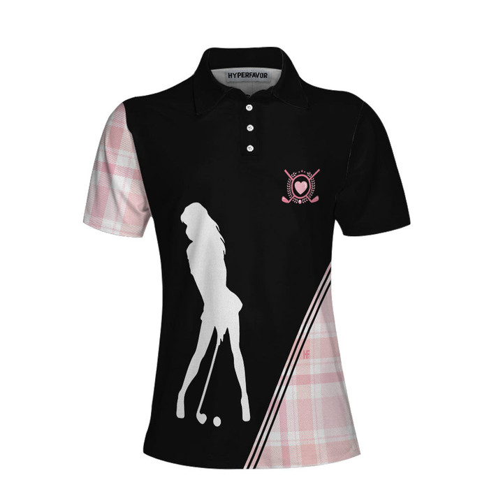 Golf Girl In Black And Pink Plaid Pattern Golf Short Sleeve Women Polo Shirt Unique Golf Shirt For Ladies - 1