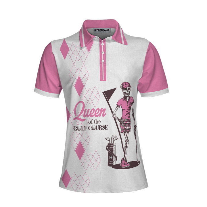 Queen Of The Golf Short Sleeve Women Polo Shirt White And Pink Argyle Pattern Golf Shirt For Women - 1