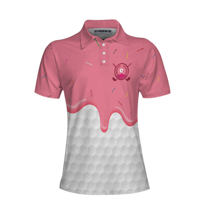 Ice Cream Melting On Golf Ball Cone V2 Golf Short Sleeve Women Polo Shirt White And Pink Women Golf Shirt - 1