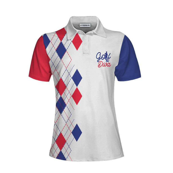 Golf Diva V2 Short Sleeve Women Polo Shirt Red And Blue Argyle Pattern Golf Shirt For Golf Ladies - 1
